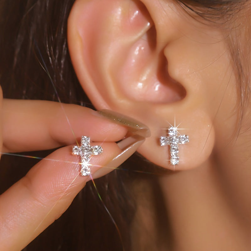 Simple zircon-set cross earrings