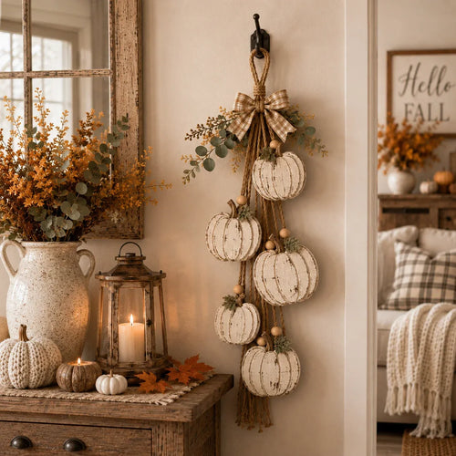 Rustic White Pumpkin Hanging Swag – 5-Pumpkin Fall Wall & Door Decor
