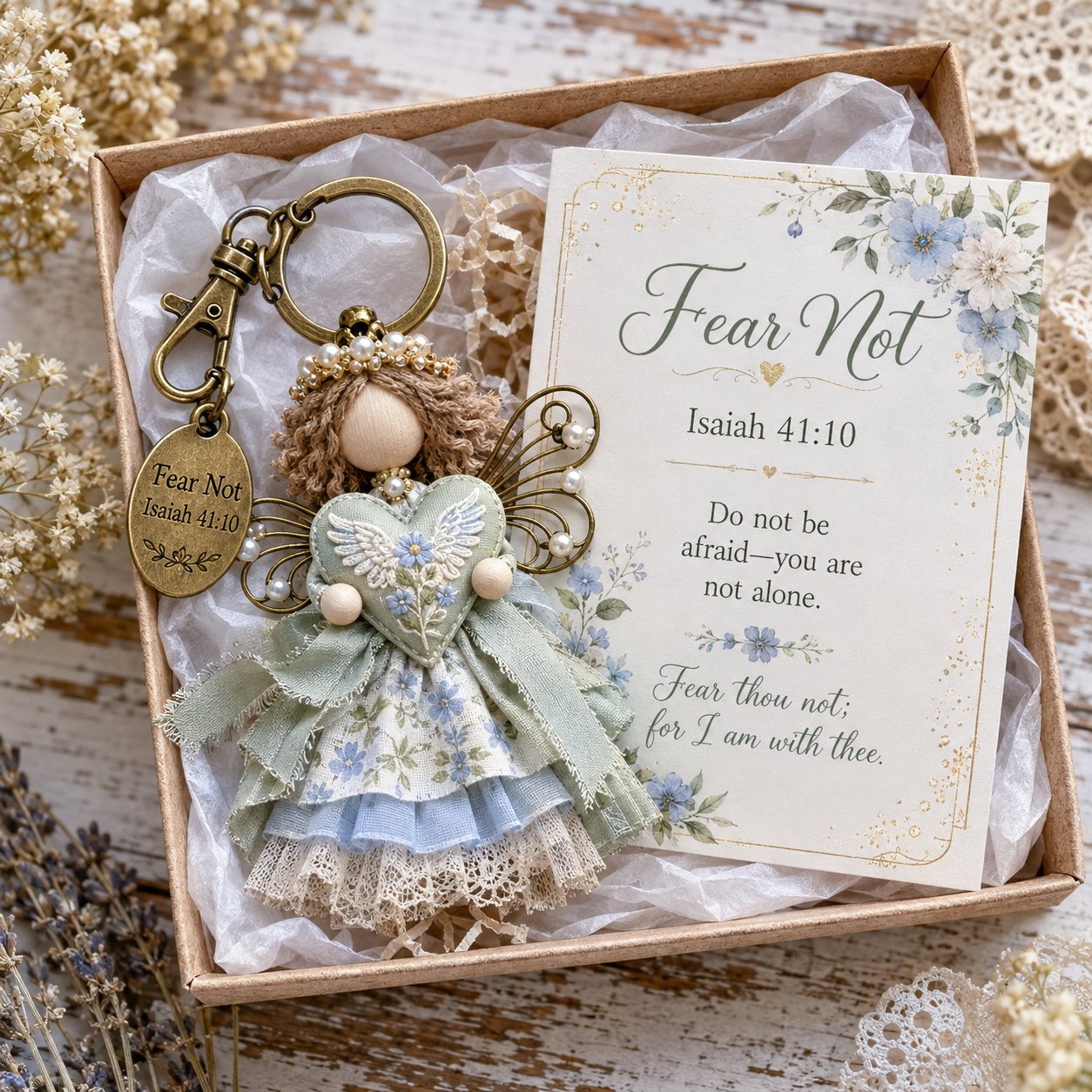 🪽 Faith Guardian Keychain Scripture Gift Set Collection | Layered Fabric Charm. Inspirational Scripture Card & Ready-to-Gift Box Included 💕