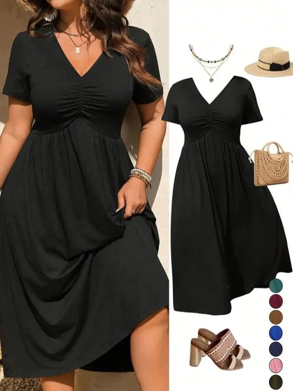 🎉 2026 Sale — Over 50,000 Sold!👗Plus Size V-Neck Ruched Short Sleeve Midi Dress, Casual Summer Flowy A-Line Dress