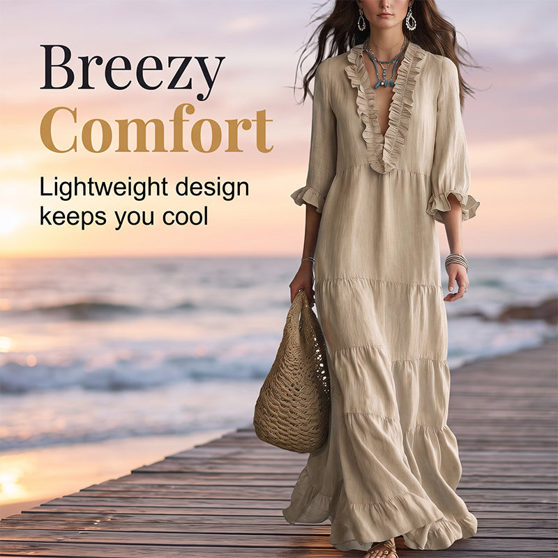 🌸 50% OFF! 👗 V-Neck Layered Maxi Dress with Ruffles – Lightweight fabric, airy & versatile fit – 5 colors, sizes S–2XL – Perfect for summer, the beach & evenings out ✨