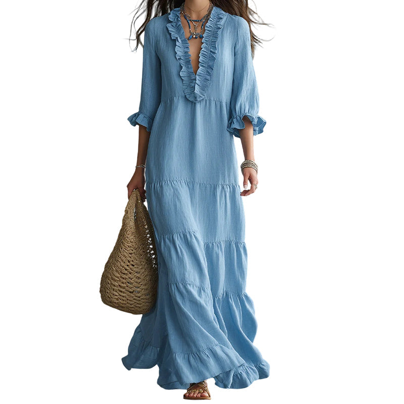 🌸 50% OFF! 👗 V-Neck Layered Maxi Dress with Ruffles – Lightweight fabric, airy & versatile fit – 5 colors, sizes S–2XL – Perfect for summer, the beach & evenings out ✨