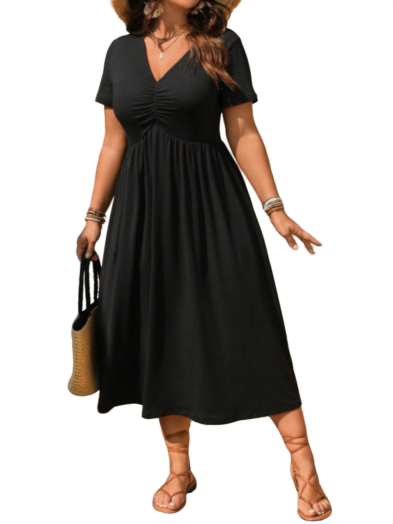 🎉 2026 Sale — Over 50,000 Sold!👗Plus Size V-Neck Ruched Short Sleeve Midi Dress, Casual Summer Flowy A-Line Dress