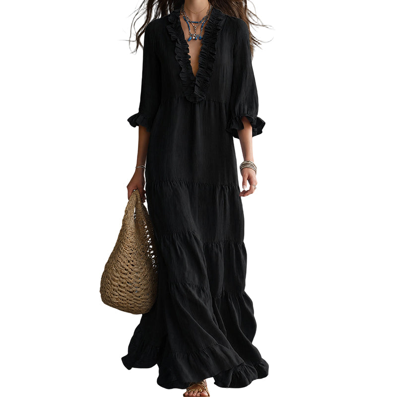 🌸 50% OFF! 👗 V-Neck Layered Maxi Dress with Ruffles – Lightweight fabric, airy & versatile fit – 5 colors, sizes S–2XL – Perfect for summer, the beach & evenings out ✨