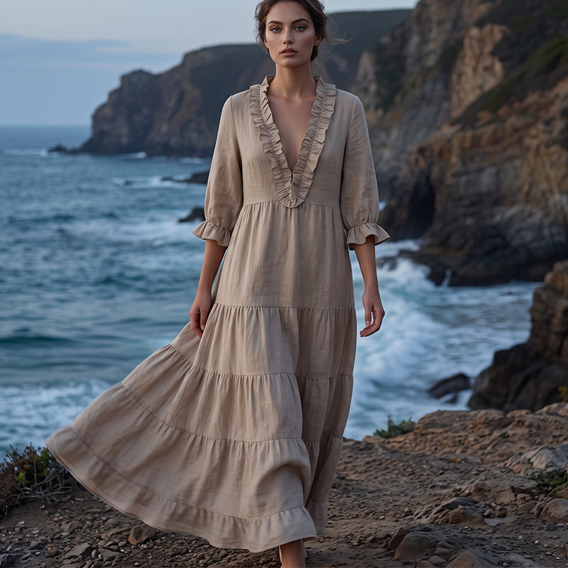 🌸 50% OFF! 👗 V-Neck Layered Maxi Dress with Ruffles – Lightweight fabric, airy & versatile fit – 5 colors, sizes S–2XL – Perfect for summer, the beach & evenings out ✨