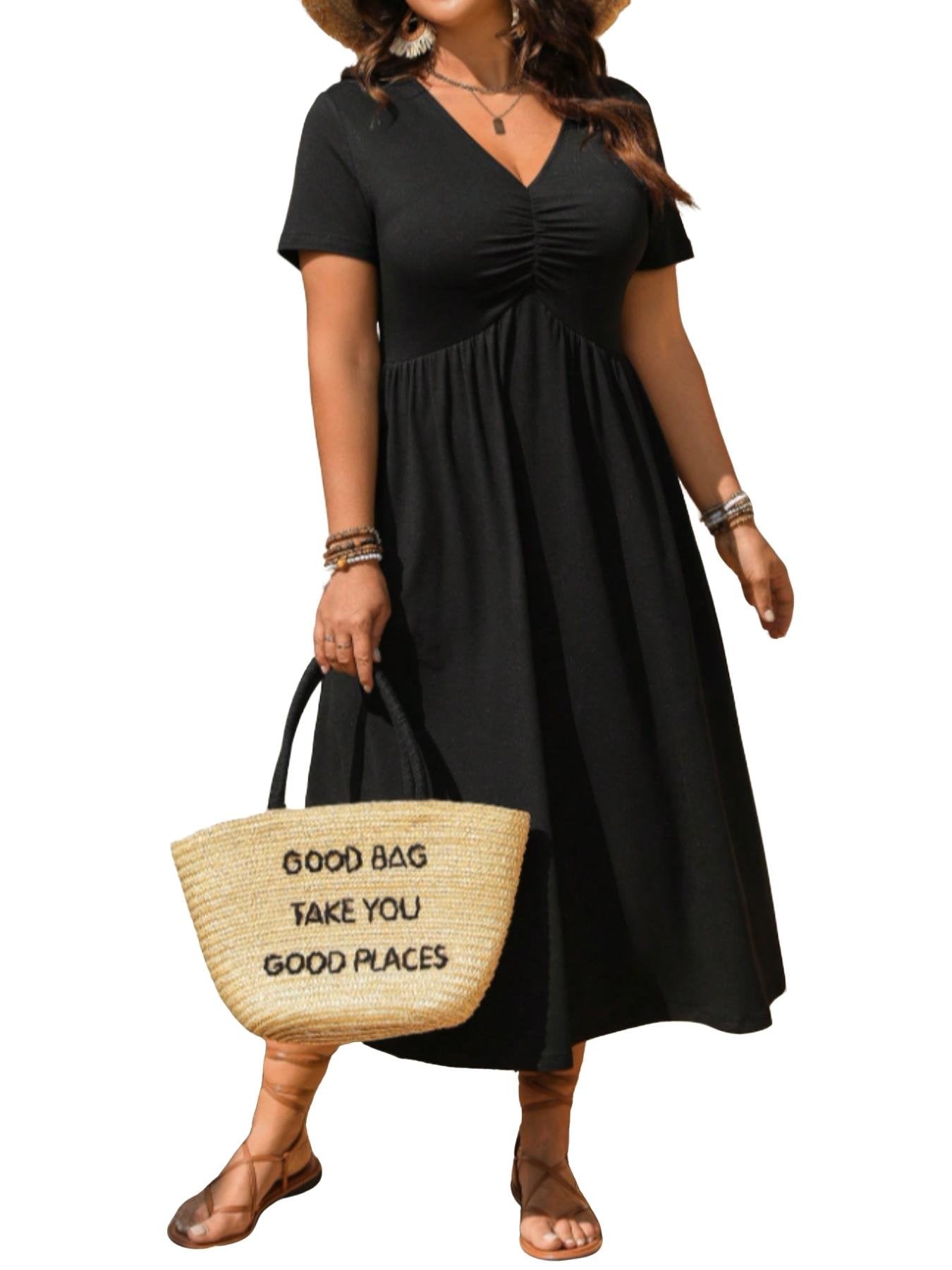🎉 2026 Sale — Over 50,000 Sold!👗Plus Size V-Neck Ruched Short Sleeve Midi Dress, Casual Summer Flowy A-Line Dress