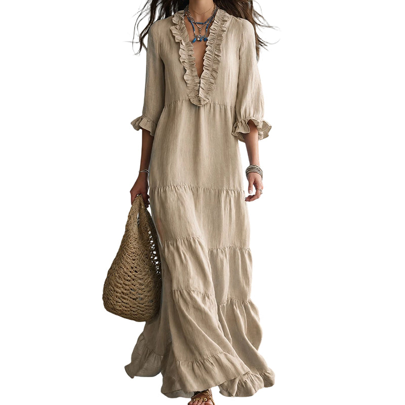 🌸 50% OFF! 👗 V-Neck Layered Maxi Dress with Ruffles – Lightweight fabric, airy & versatile fit – 5 colors, sizes S–2XL – Perfect for summer, the beach & evenings out ✨