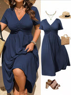 🎉 2026 Sale — Over 50,000 Sold!👗Plus Size V-Neck Ruched Short Sleeve Midi Dress, Casual Summer Flowy A-Line Dress