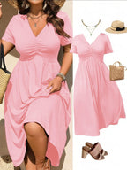 🎉 2026 Sale — Over 50,000 Sold!👗Plus Size V-Neck Ruched Short Sleeve Midi Dress, Casual Summer Flowy A-Line Dress
