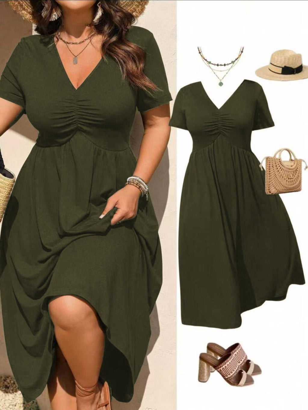 🎉 2026 Sale — Over 50,000 Sold!👗Plus Size V-Neck Ruched Short Sleeve Midi Dress, Casual Summer Flowy A-Line Dress