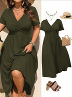 🎉 2026 Sale — Over 50,000 Sold!👗Plus Size V-Neck Ruched Short Sleeve Midi Dress, Casual Summer Flowy A-Line Dress
