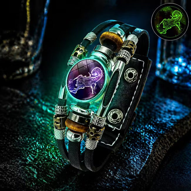 💥Last-day sale – 57% off ☪️Glow-in-the-dark leather zodiac sign bracelet for men and women (6.9/8.1 inches)♑️