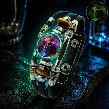 💥Last-day sale – 57% off ☪️Glow-in-the-dark leather zodiac sign bracelet for men and women (6.9/8.1 inches)♑️