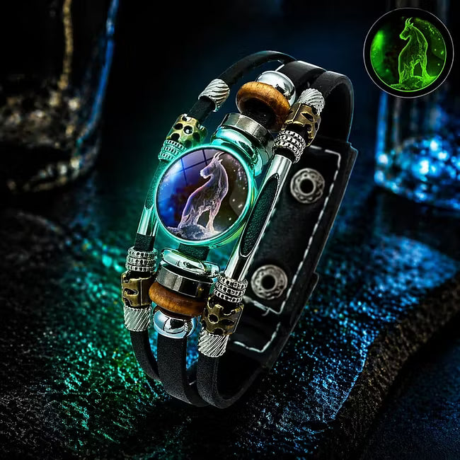 💥Last-day sale – 57% off ☪️Glow-in-the-dark leather zodiac sign bracelet for men and women (6.9/8.1 inches)♑️