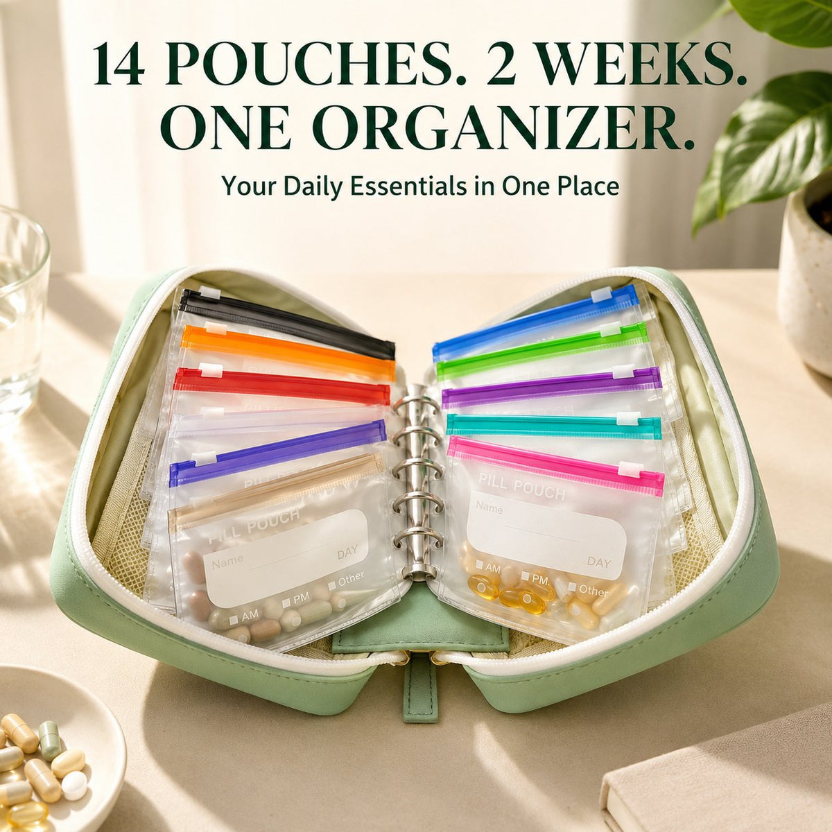 🔥LAST DAY SALE 49% OFF-✨2‑Week Pill Organizer Binder Case | 14 Reusable Color‑Coded Pill Pouch💊 Travel Waterproof Medication Storage Bag for Vitamins Supplements