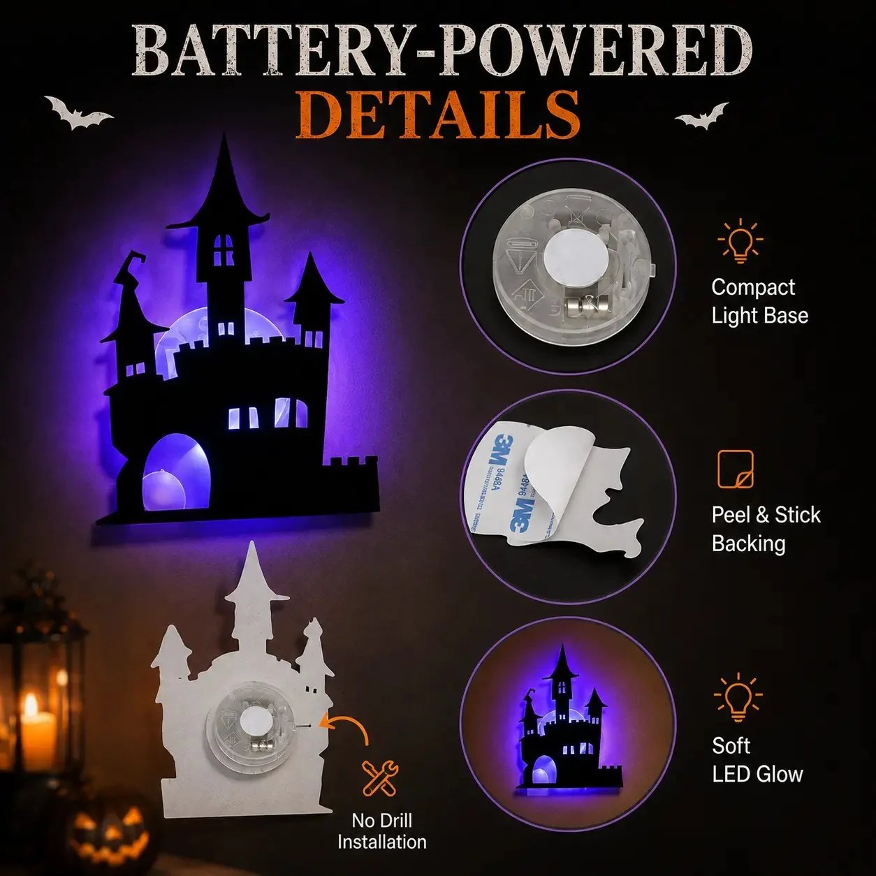 🎃8 Pack Halloween LED Silhouette Wall Light Stickers. Battery Powered Peel & Stick Decor Lights