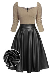 [US WAREHOUSE] Khaki 1950s Knitted Leather Patchwork Dress