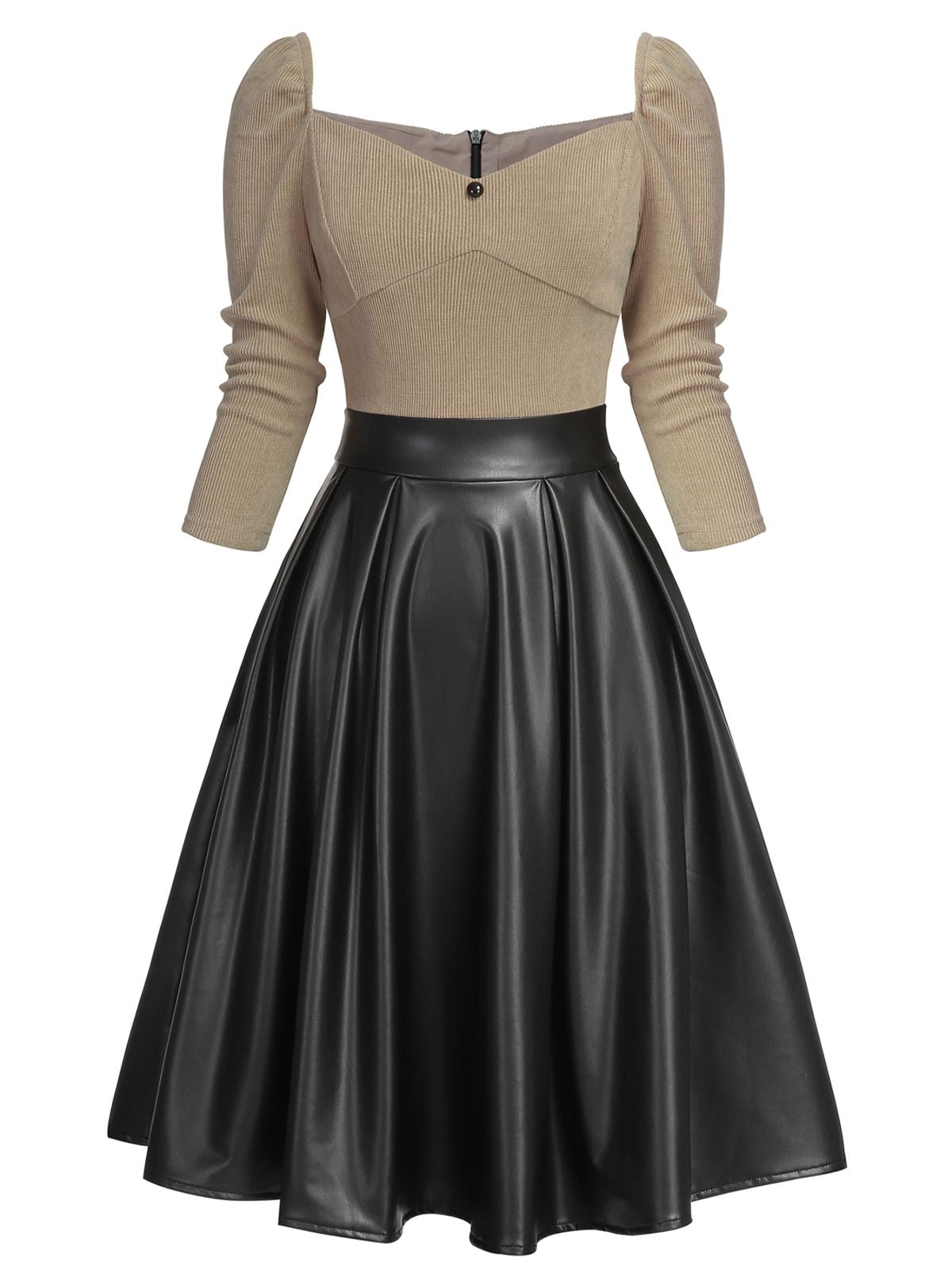 [US WAREHOUSE] Khaki 1950s Knitted Leather Patchwork Dress
