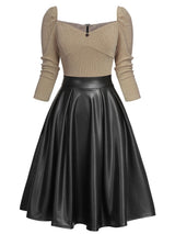 [US WAREHOUSE] Khaki 1950s Knitted Leather Patchwork Dress