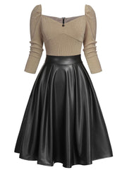 [US WAREHOUSE] Khaki 1950s Knitted Leather Patchwork Dress
