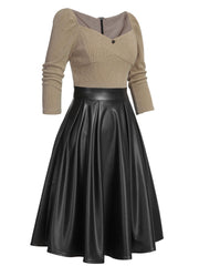 [US WAREHOUSE] Khaki 1950s Knitted Leather Patchwork Dress