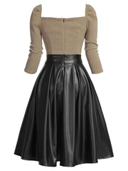 [US WAREHOUSE] Khaki 1950s Knitted Leather Patchwork Dress