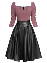 [US WAREHOUSE] Khaki 1950s Knitted Leather Patchwork Dress