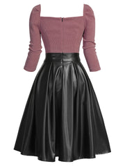 [US WAREHOUSE] Khaki 1950s Knitted Leather Patchwork Dress