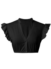 [Pre-Sale] Black 1950s Solid V-Neck Ruffled Sleeve Crop Top