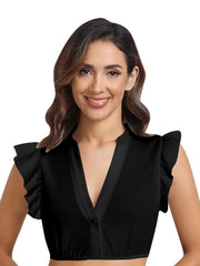 [Pre-Sale] Black 1950s Solid V-Neck Ruffled Sleeve Crop Top