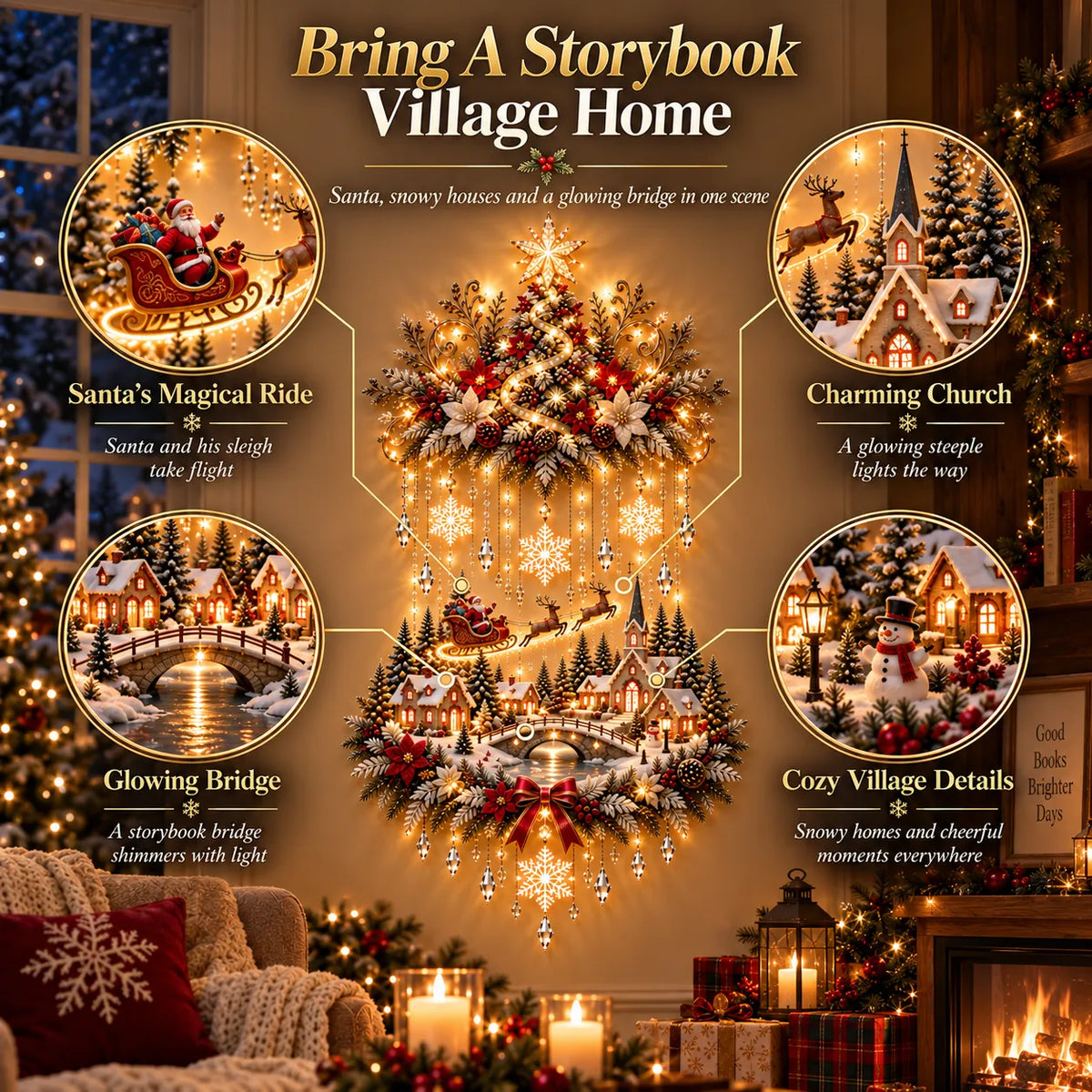 🎄 Illuminated Christmas Tree & Village Wall Hanging | Cascading Warm Lights for Living Rooms. Entryways & Staircases ✨