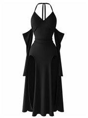 Black 1960s Gothic Halter Draped Sleeves High Slit Maxi Dress