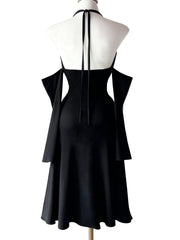 Black 1960s Gothic Halter Draped Sleeves High Slit Maxi Dress