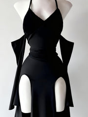Black 1960s Gothic Halter Draped Sleeves High Slit Maxi Dress