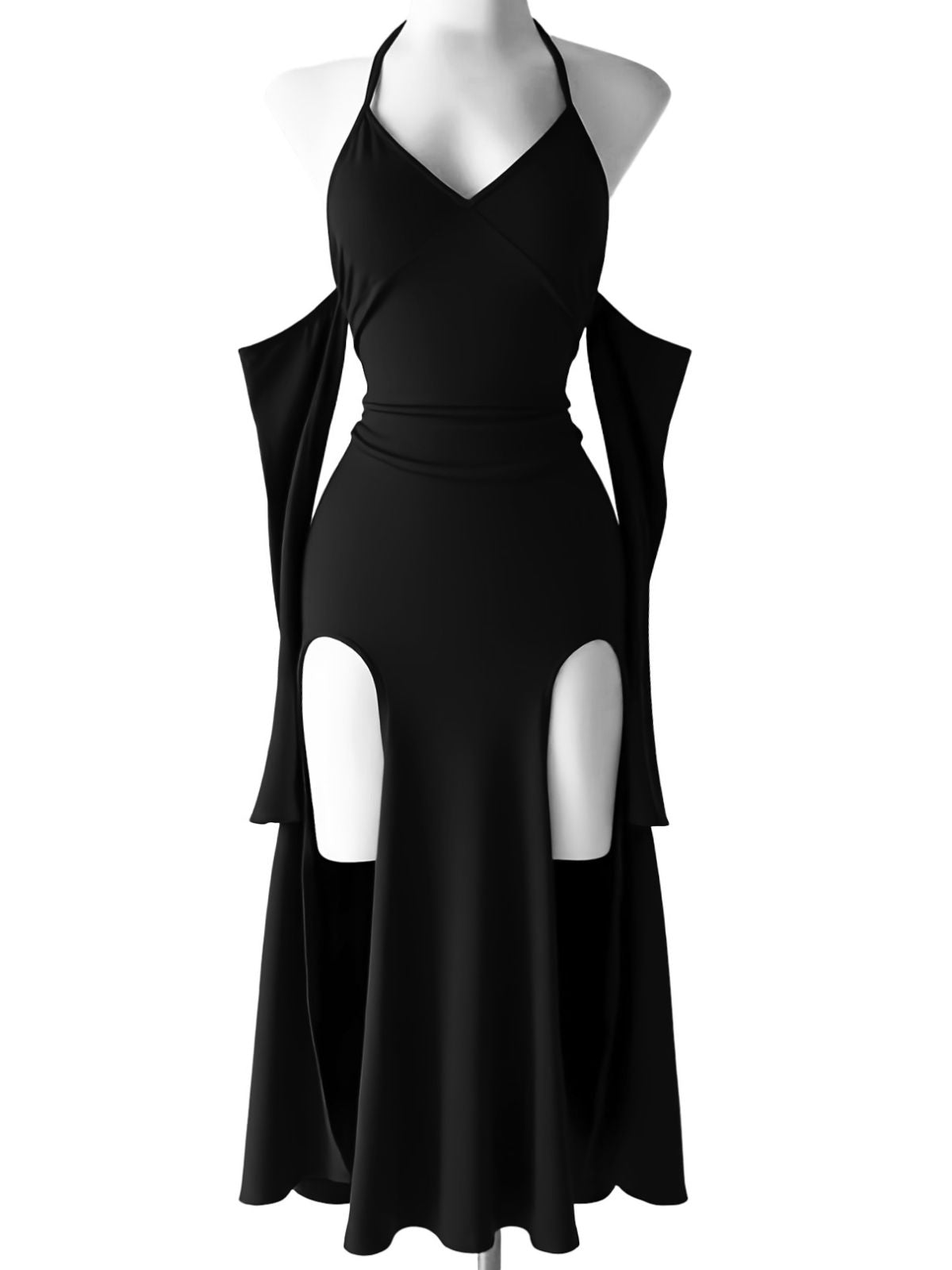 Black 1960s Gothic Halter Draped Sleeves High Slit Maxi Dress