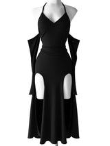 Black 1960s Gothic Halter Draped Sleeves High Slit Maxi Dress