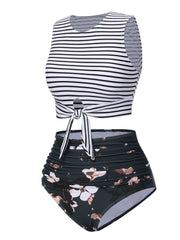 1970s Striped Waist Tie Floral Tankini Set