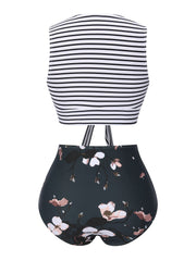1970s Striped Waist Tie Floral Tankini Set
