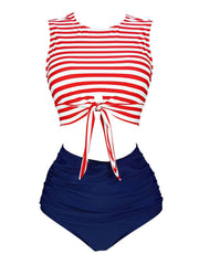 1970s Striped Waist Tie Floral Tankini Set
