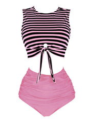 1970s Striped Waist Tie Floral Tankini Set
