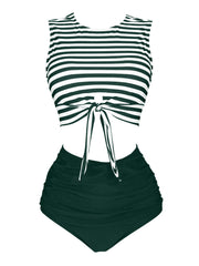 1970s Striped Waist Tie Floral Tankini Set