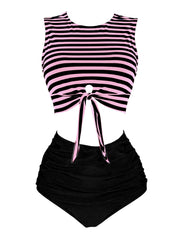 1970s Striped Waist Tie Floral Tankini Set