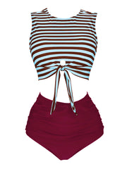 1970s Striped Waist Tie Floral Tankini Set