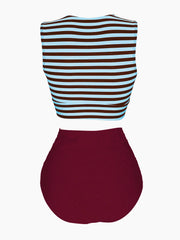 1970s Striped Waist Tie Floral Tankini Set