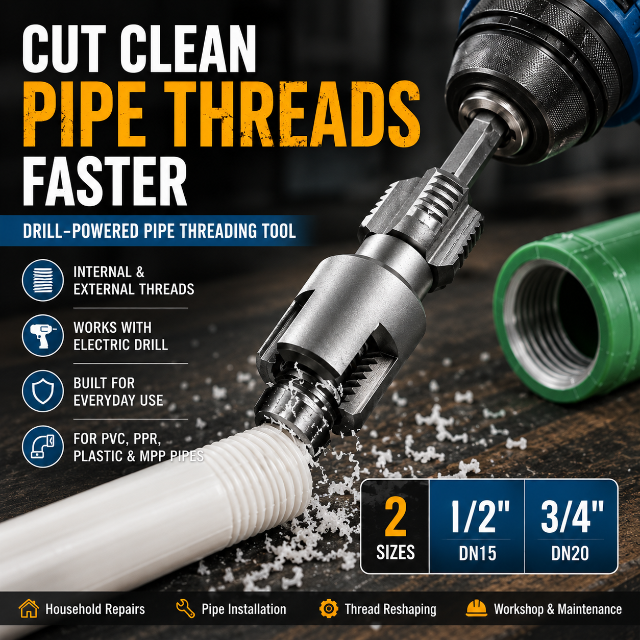 🔧Drill-Powered Pipe Thread Cutting Bit — Internal & External Threading for 1/2" & 3/4" Plastic Pipes
