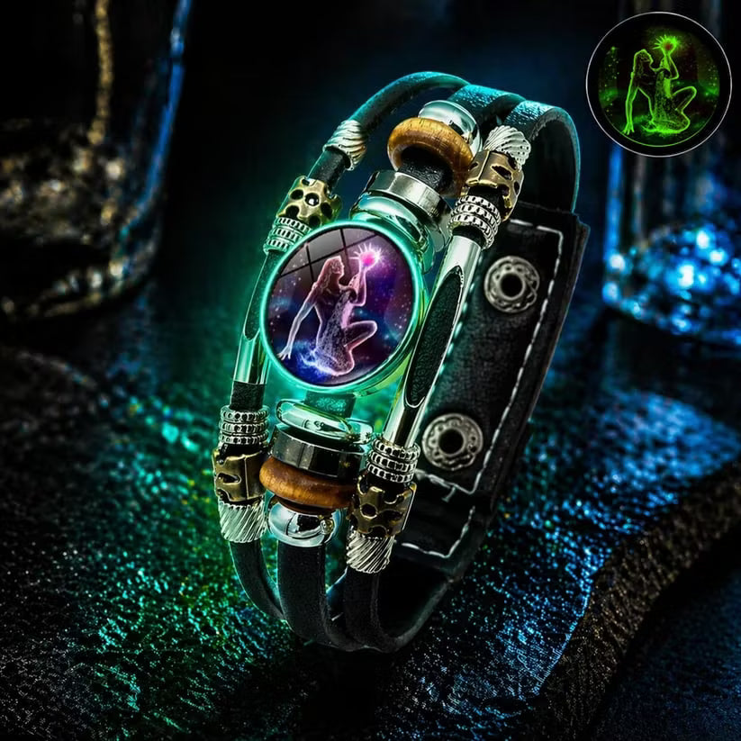 💥Last-day sale – 57% off ☪️Glow-in-the-dark leather zodiac sign bracelet for men and women (6.9/8.1 inches)♑️