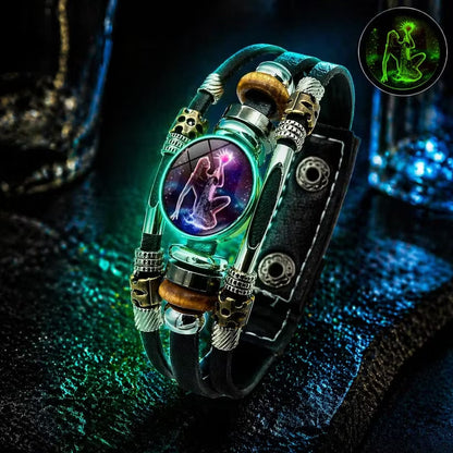 💥Last-day sale – 57% off ☪️Glow-in-the-dark leather zodiac sign bracelet for men and women (6.9/8.1 inches)♑️