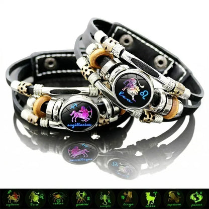 💥Last-day sale – 57% off ☪️Glow-in-the-dark leather zodiac sign bracelet for men and women (6.9/8.1 inches)♑️
