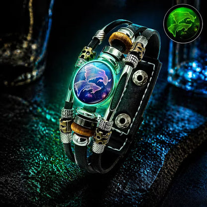 💥Last-day sale – 57% off ☪️Glow-in-the-dark leather zodiac sign bracelet for men and women (6.9/8.1 inches)♑️
