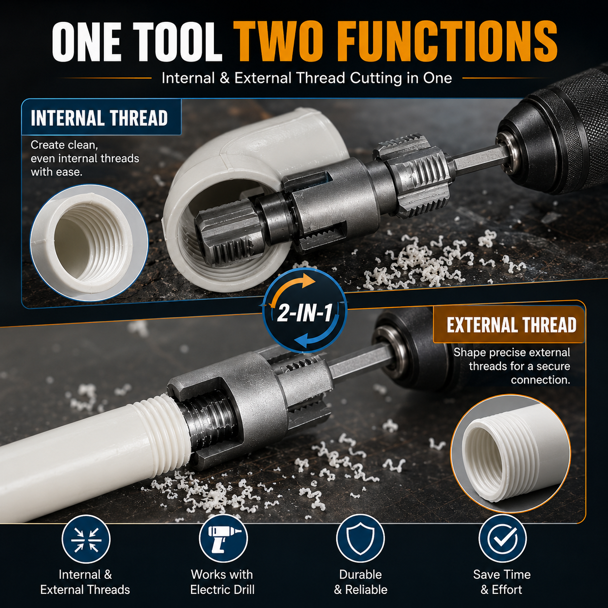 🔧Drill-Powered Pipe Thread Cutting Bit — Internal & External Threading for 1/2" & 3/4" Plastic Pipes
